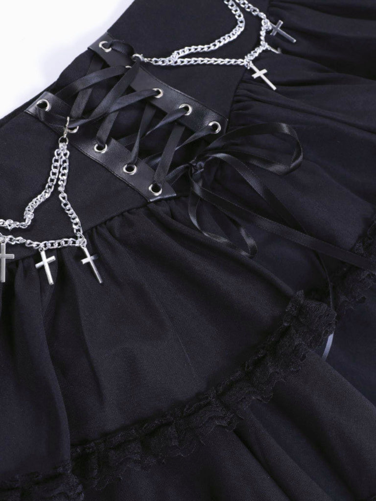 Gonna a strati gotico in pizzo con croce a catena nero anni '80