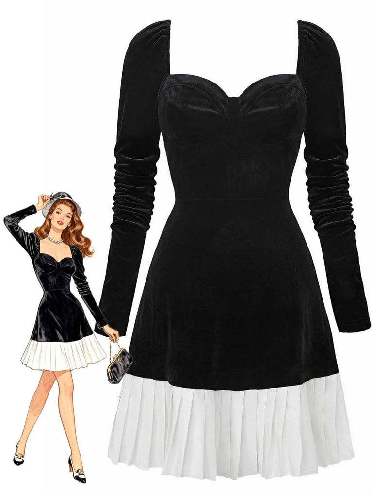 Abito in velluto con scollo a cuore e orlo plissettato a contrasto anni '60