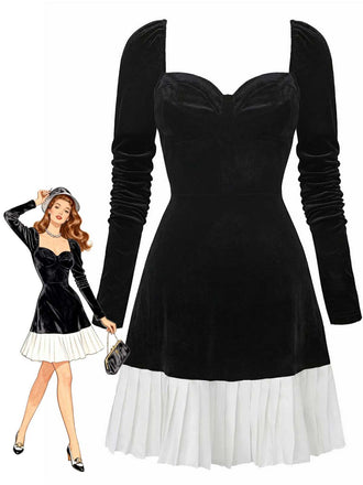 Abito in velluto con scollo a cuore e orlo plissettato a contrasto anni '60