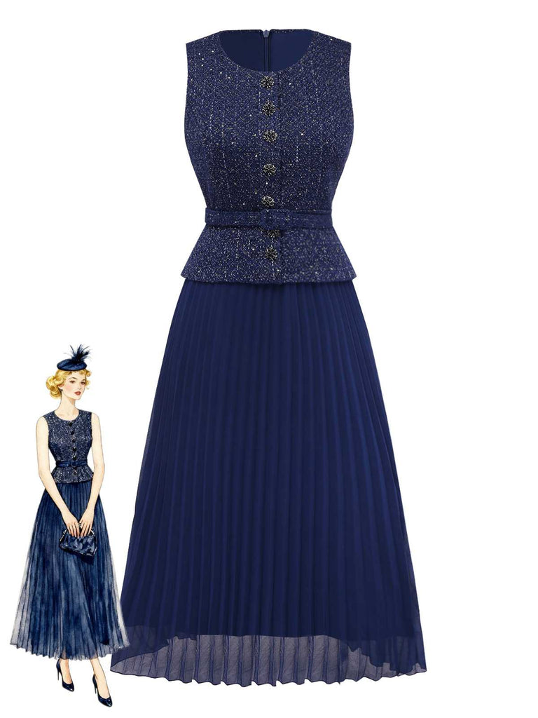 Abito plissettato senza maniche con cintura e bottoni di perle anni '60