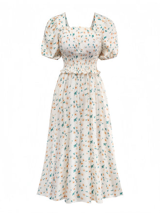 Abito floreale con scollo quadrato giallo anni '40