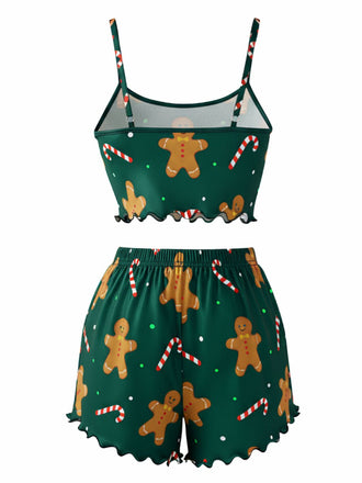 Pigiama in raso con pan di zenzero e caramelle verde anni '70