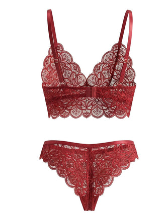 Front view of the dark red floral lace lingerie set, highlighting the intricate mesh patterns and delicate straps.