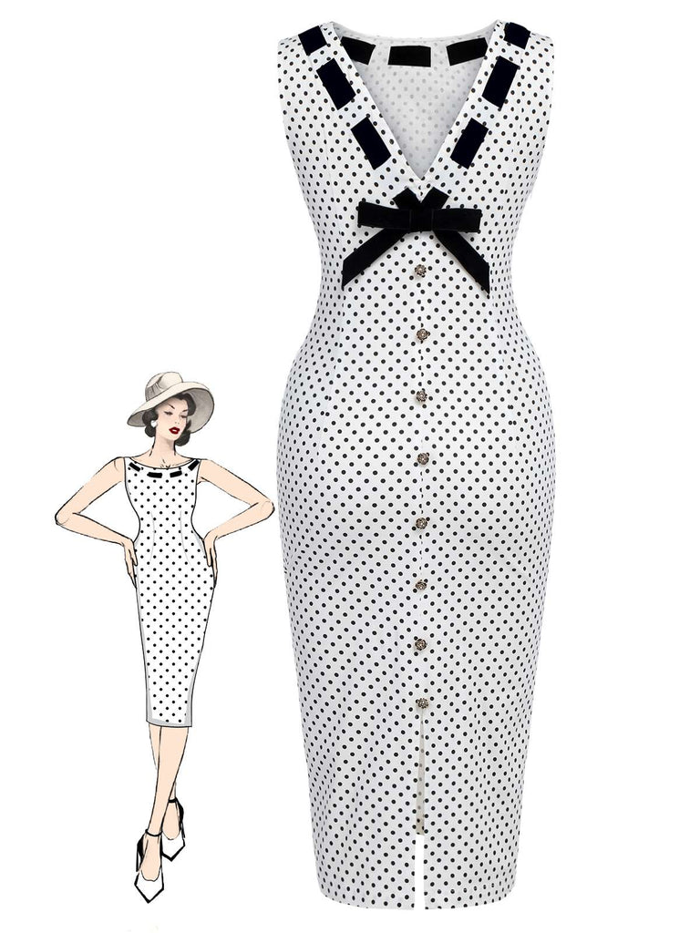 Abito a tubino bianco bottoni a pois anni '60