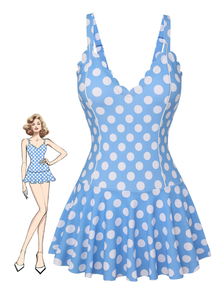 Costumi intero a pois con scollo a petalo blu anni '60