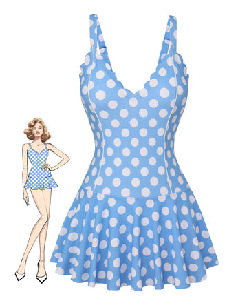 Costumi intero a pois con scollo a petalo blu anni '60