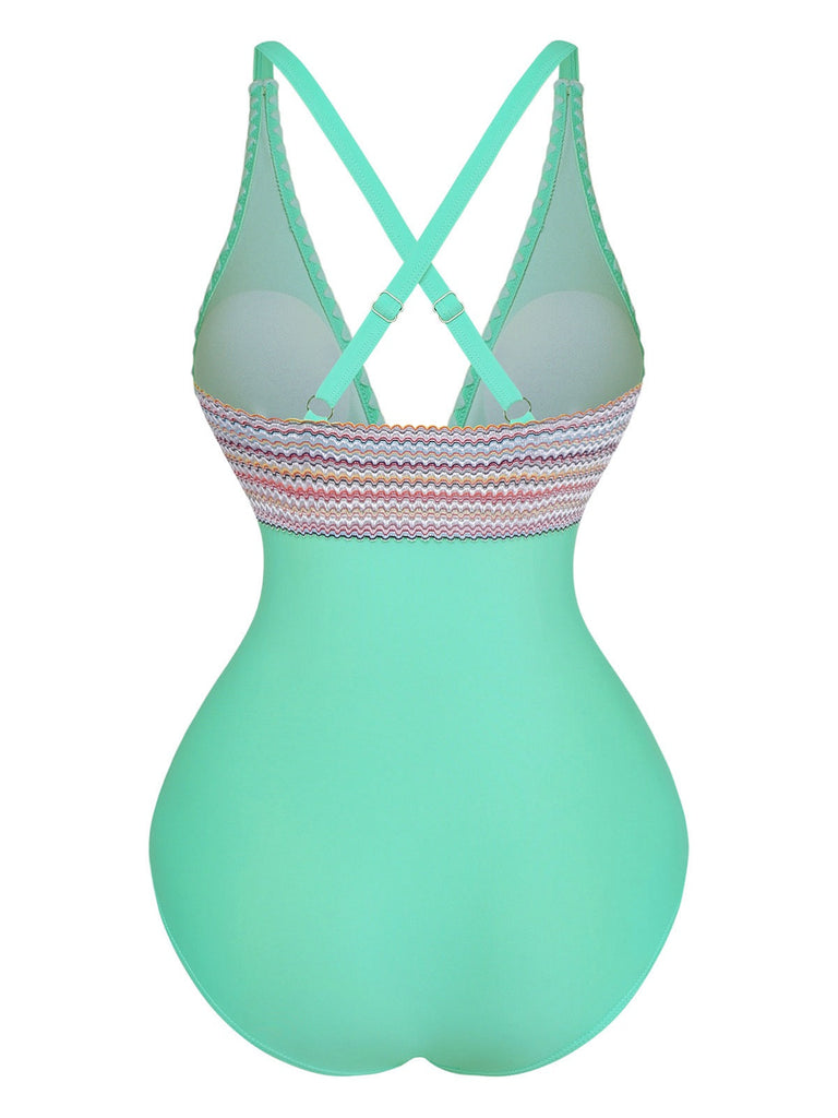 Costumi intero con patchwork ondulato e scollo a V anni '40