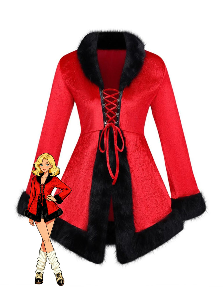 Abito in velluto e finiture in pelliccia natalizia rosso anni '70