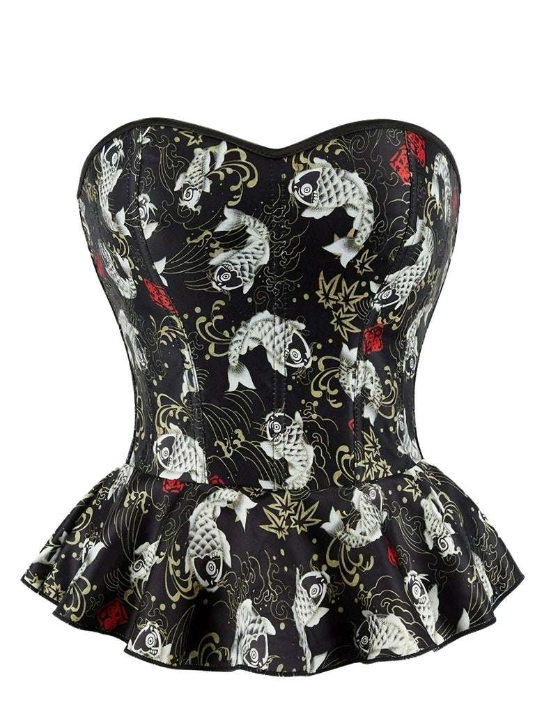 Corsetto stampa pesci koi con volant senza spalline nero anni '70