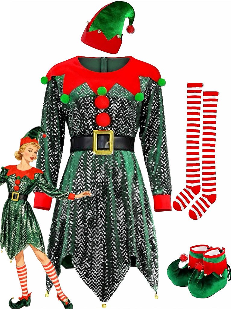 Costume da elfo natalizio con paillettes verde anni '50