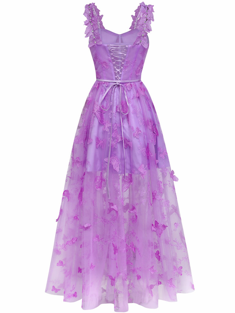 Abito lungo farfalle 3D in rete con spalline sottili verde anni '30