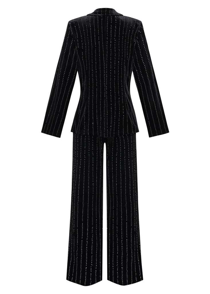 2PCS Completo blazer e pantaloni in velluto con paillettes nero anni '60