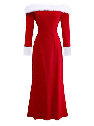 Abito con spalle scoperte e finiture in pelliccia sintetica anni '30