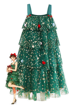 Abito a forma di albero di Natale in rete con pompon verde anni '60