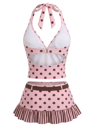 [Prevendita] Set Tankini Rosa Anni '50 a Pois Con Scollo All'americana