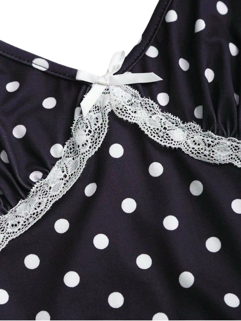 Tuta lunga in pizzo a pois con spalline nero anni '40