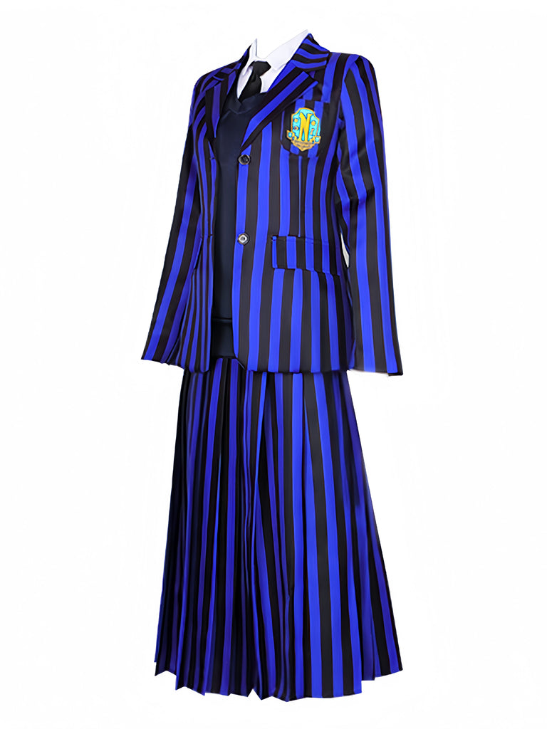Completo uniforme a righe di Mercoledì Addams blu anni '40