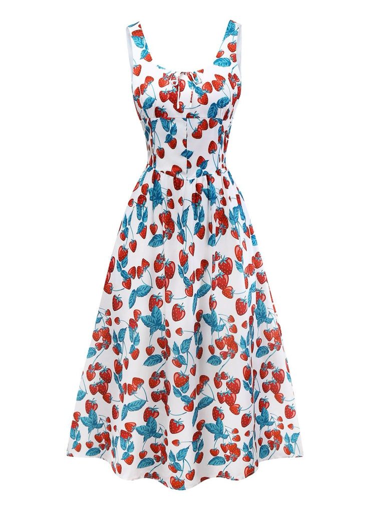 Abito a fragola con scollo quadrato e spalline larghe anni '50