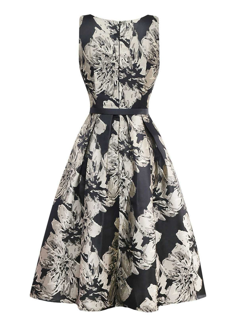 Abito jacquard floreale con cintura nero anni '50