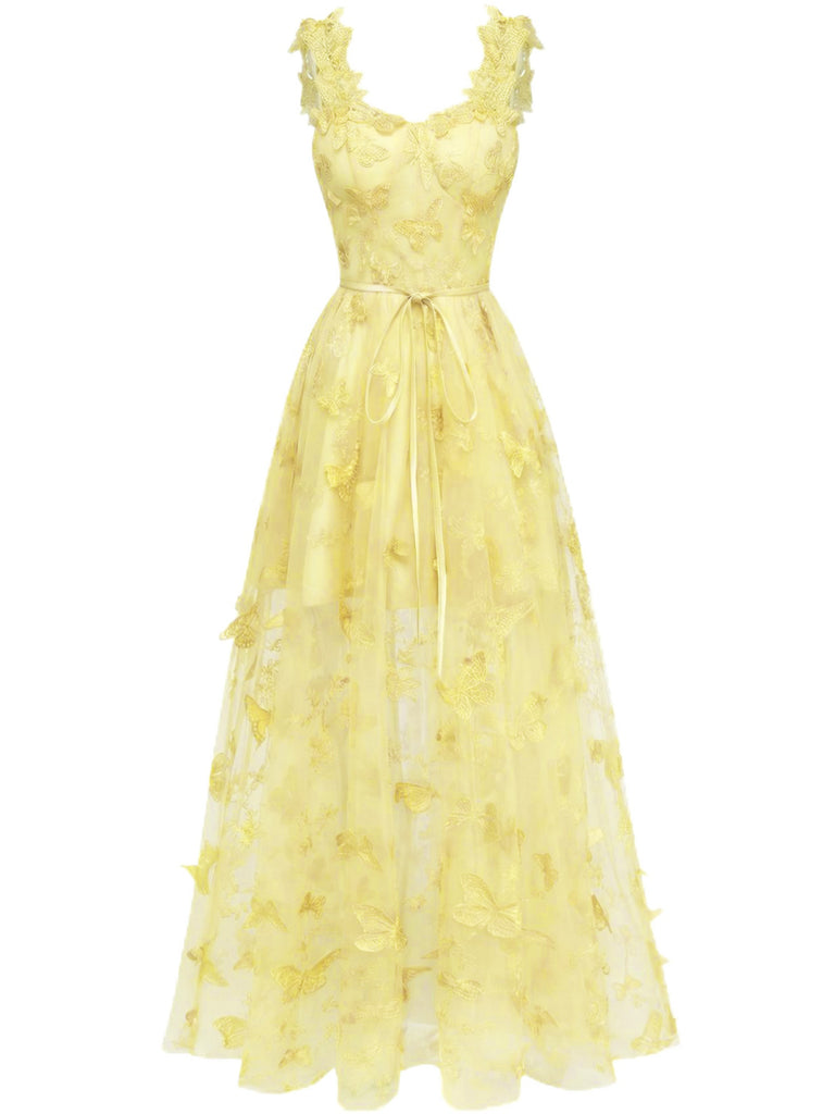 Abito lungo farfalle 3D in rete con spalline sottili giallo anni '30