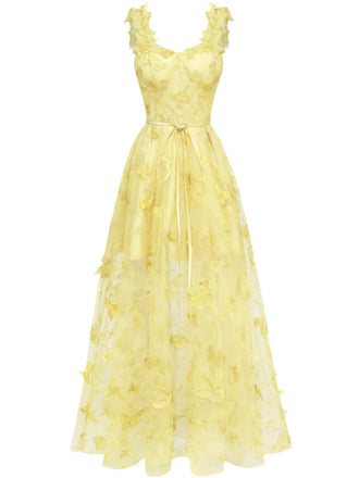 Abito lungo farfalle 3D in rete con spalline sottili giallo anni '30