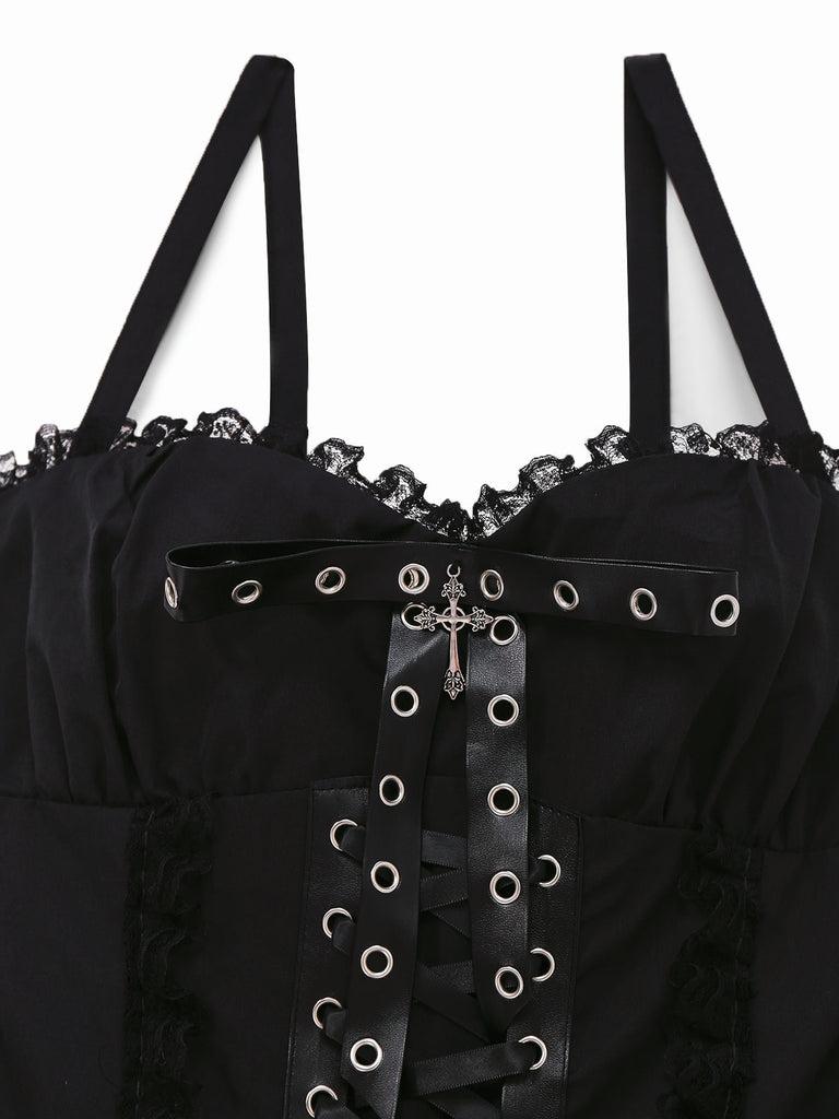 Abito sottoveste gotico sottoveste in pizzo a strati nero anni '80