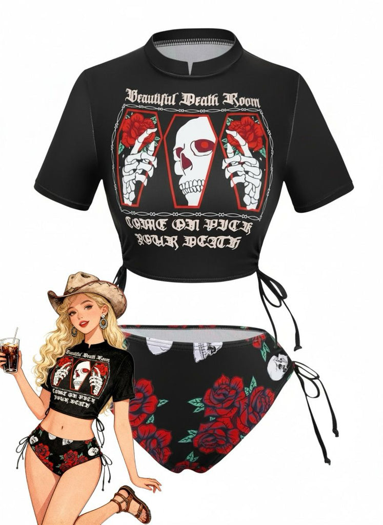 Tankini con grafica a teschio e rosa nero anni '80