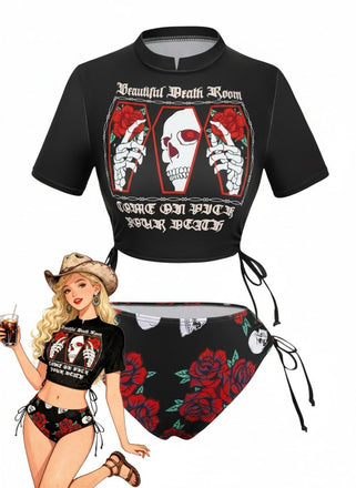 Tankini con grafica a teschio e rosa nero anni '80