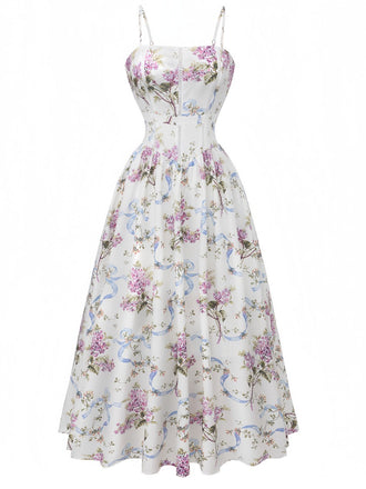 Front studio view of the white floral midi dress highlighting the structured bodice and full flared skirt.