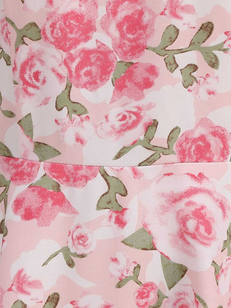 Abito Rosa Anni '50 Rose con Scollo Tondo e Cintura