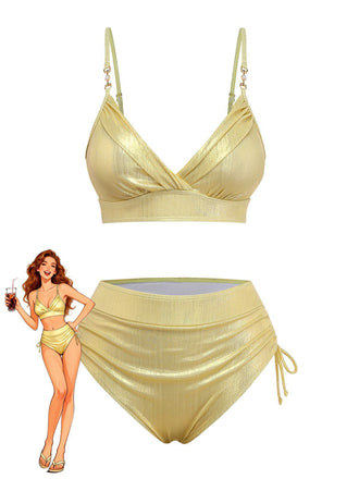 A shimmering gold metallic bikini set with high-waisted bottoms and a triangle top, featuring a retro illustration.