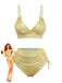 A shimmering gold metallic bikini set with high-waisted bottoms and a triangle top, featuring a retro illustration.