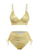 Front view of the gold shimmer bikini set with adjustable triangle top and ruched high-waisted bottoms.