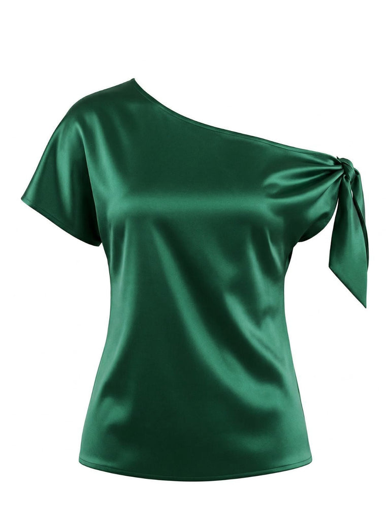 Elegant green satin one-shoulder top with adjustable tie knot detail in 1930s vintage style, perfect for cocktail parties and sophisticated evening wear