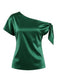 Elegant green satin one-shoulder top with adjustable tie knot detail in 1930s vintage style, perfect for cocktail parties and sophisticated evening wear