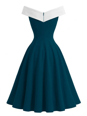Abito Blu Pavone Anni '50 Color Block a Spalle Scoperte Senza Maniche