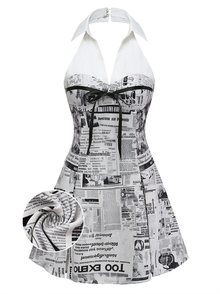 [Pre-Vendita] Abito Grigio Newspaper con Stampa Halter con Scollo a V Anni '60