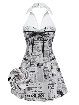 [Pre-Vendita] Abito Grigio Newspaper con Stampa Halter con Scollo a V Anni '60