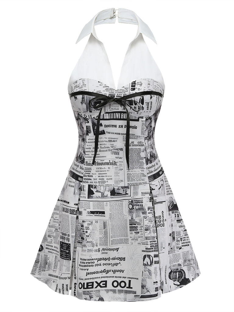 [Pre-Vendita] Abito Grigio Newspaper con Stampa Halter con Scollo a V Anni '60 2