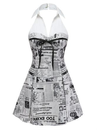 [Pre-Vendita] Abito Grigio Newspaper con Stampa Halter con Scollo a V Anni '60 2