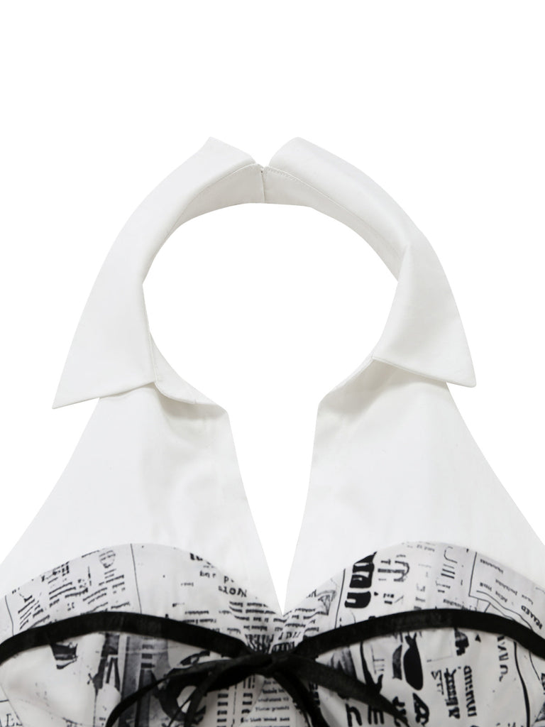 [Pre-Vendita] Abito Grigio Newspaper con Stampa Halter con Scollo a V Anni '60 5