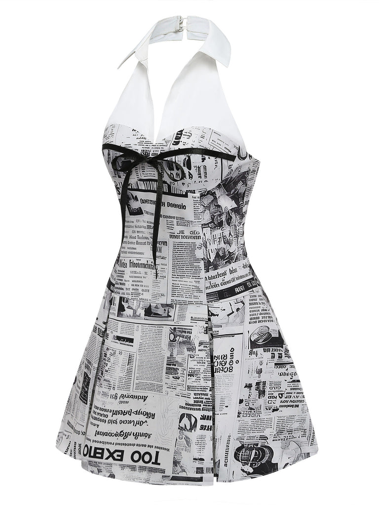 [Pre-Vendita] Abito Grigio Newspaper con Stampa Halter con Scollo a V Anni '60 3