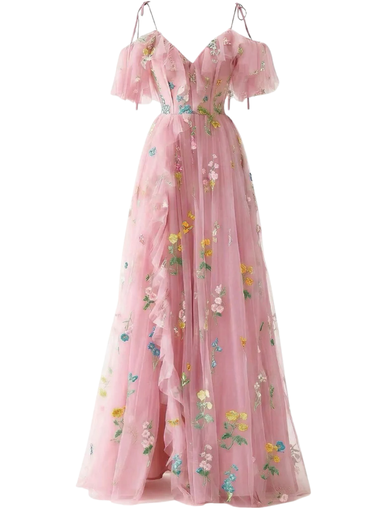 Abito in rete ricamato a fiori a sottoveste con spacco rosa anni '70