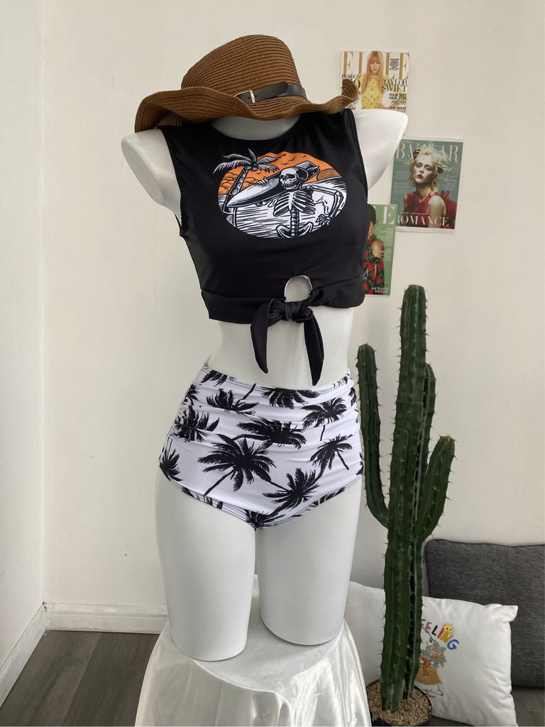Set tankini con spiaggia e scheletro rosso anni '80