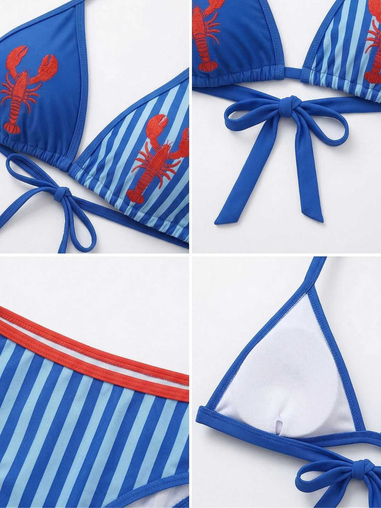 Set Bikini Triangolare Blu Anni '60con Stampa Aragosta e Righe