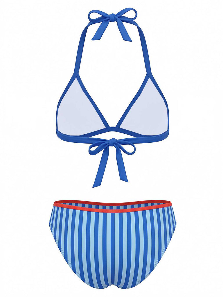 Set Bikini Triangolare Blu Anni '60con Stampa Aragosta e Righe