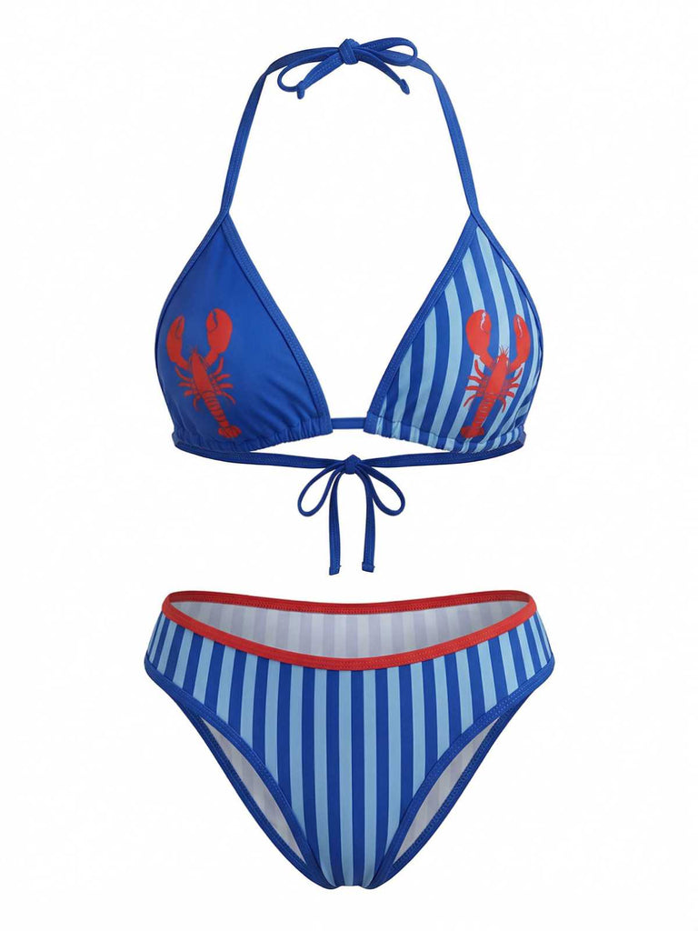 Set Bikini Triangolare Blu Anni '60con Stampa Aragosta e Righe