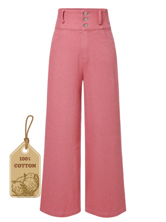 Pantaloni rosa in cotone con bottoni a rose anni '50