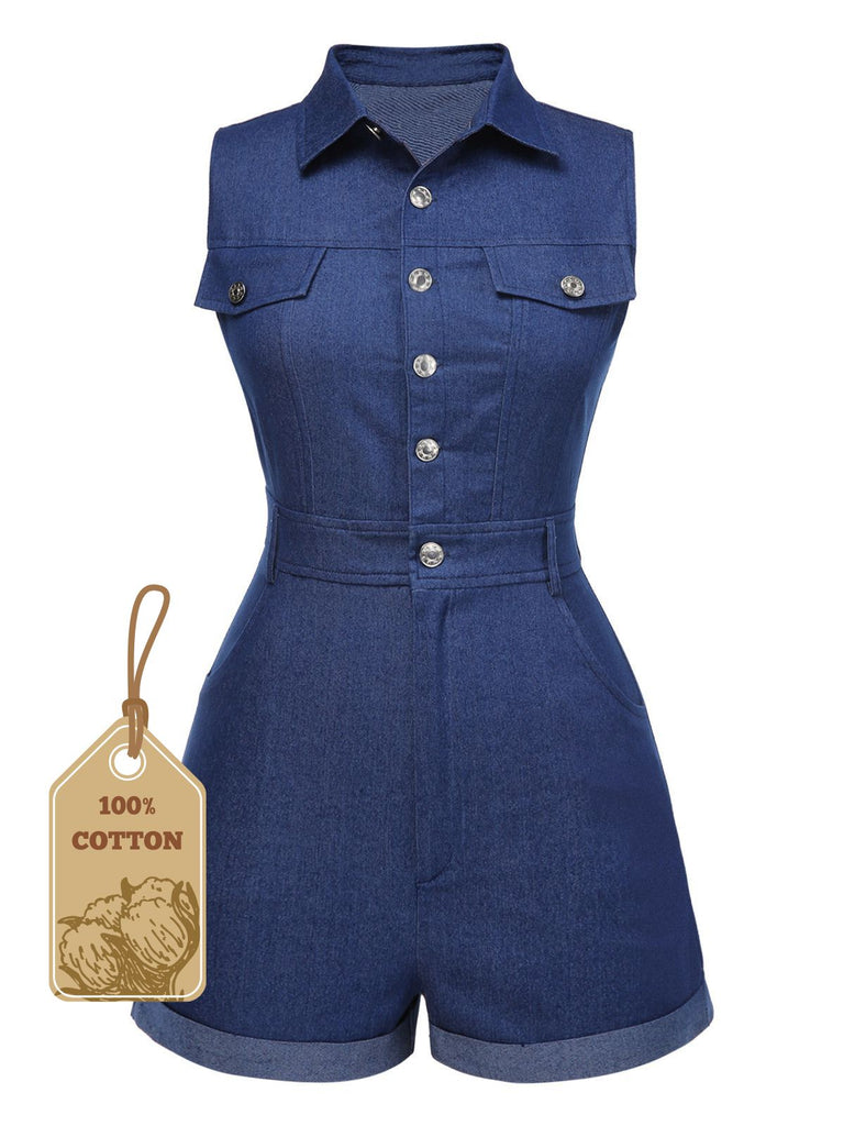 Tuta corta in cotone tinta unita in denim blu anni '70
