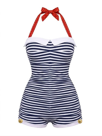 [Pre-Vendita] con Allacciatura al Collo Righe Pois con Fiocco Costume Intero Anni '50